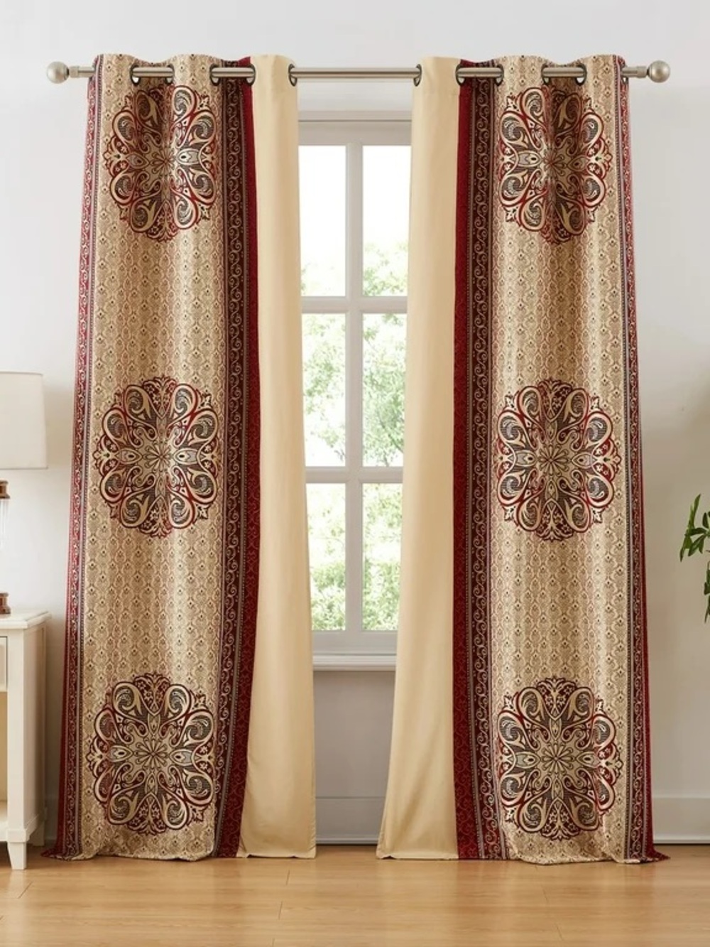 Myhand Red Gold Lined Jacquard Grommet Curtain Panels 37x84in Polyester TWO